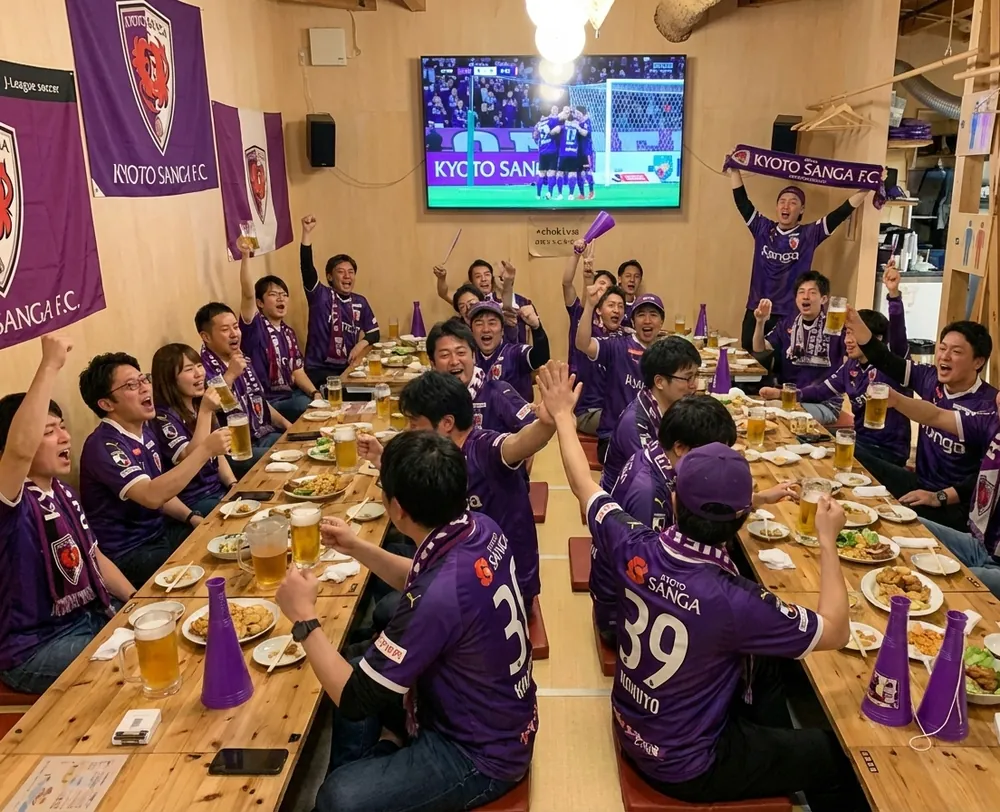 貸切の座敷でサンガの試合を観戦