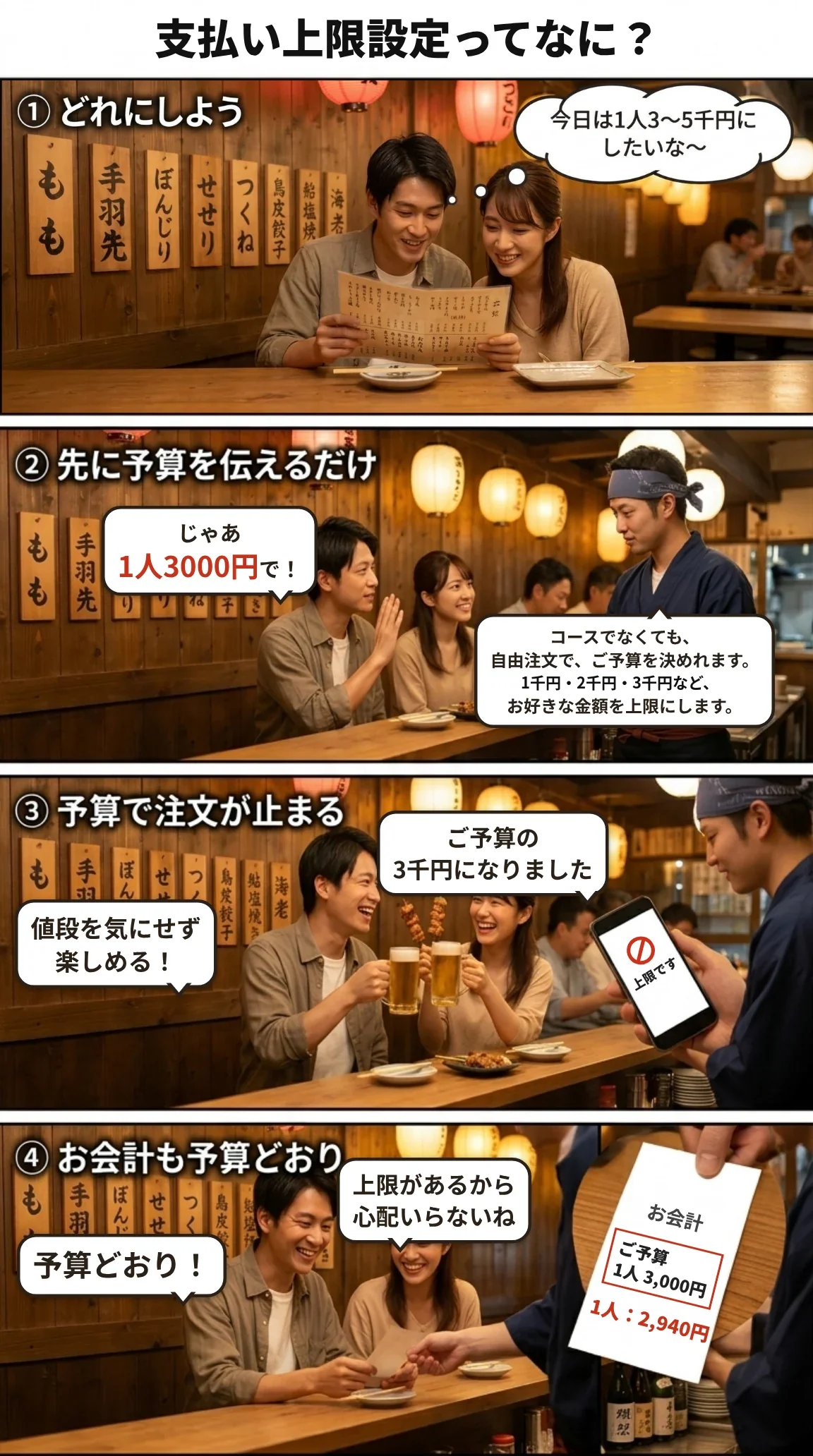 4コマ漫画：お会計が不安でも、先に予算を伝えるだけ。予算で注文が止まるので、お会計も予算どおり
