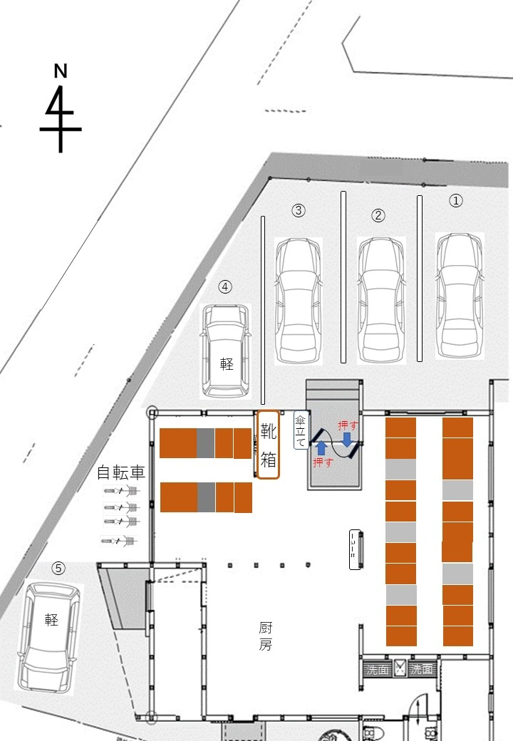 拍和の駐車場案内図。普通車3台・軽自動車2台